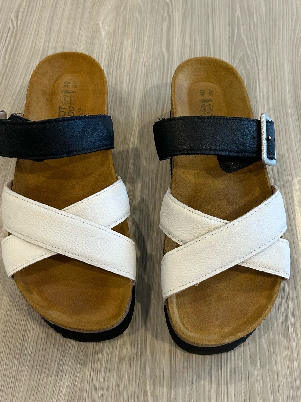 NAOT Juliette Platform Slide Sandal  Black & White Leather Straps Size-9/40